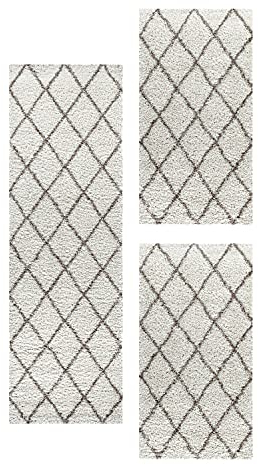 Alfombra alrededor de la cama Peludo de pila larga Diseño Escandinavo de Rombo Dormitorio Suave y esponjoso Rectangular 3 partes de corredor, color:Crema, juego de cama:2x 80x150 + 1x 80x250