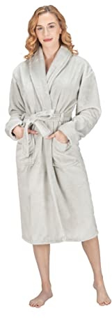 MONHOUSE Womens Dressing Gown - Premium Super Soft & Cosy Long Bathrobe - Ladies Thick Flannel Luxury Housecoat - Warm Fluffy Shearling Spa Robe for Her - Sherpa Bathrobe - Silver - UK 16-18