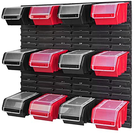 Stapelbox Wandregal - 772 x 780 mm - Lagersystem 12 Stück Boxen mit Deckel - Lagerregal Sichtlagerkästen Schüttenregal, Schwarz/Rot