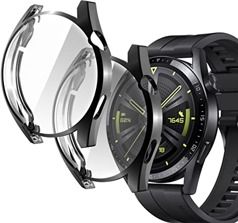 sciuU Protective Case compatible with Huawei GT 3 46mm, [2 Pack] All-around Flexible TPU Case with Screen Protector, Soft Frame Shock Resistant Cover fit GT3 Smartwatch - Black + Black