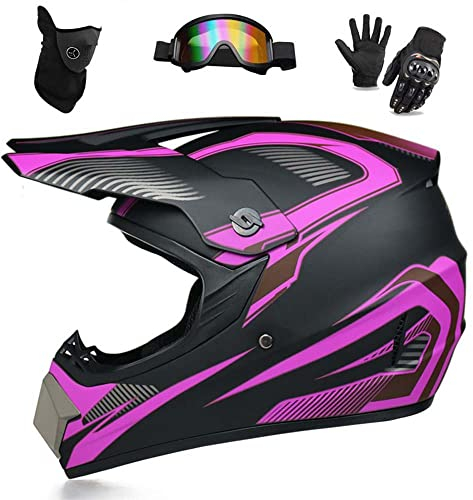 Motocross-Helm, Brille, Handschuhe, Maske 4-teiliges Set, MTB AVT Motorrad-Crosshelm, DOT-geprüft, geeignet für Erwachsene, Kinder, Männer und Frauen (Lila Spur,S)