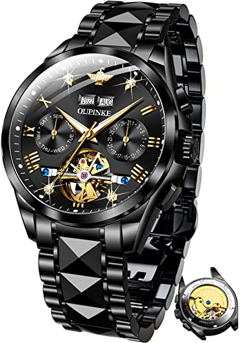 OUPINKE Herrenuhren Schwarz Skelett Automatik Mechanisch Selbstaufzug Luxus Diamant Saphirkristall Wasserdicht Wolframstahl Business Armbanduhr