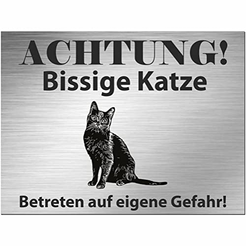 Indigos UG - Schild Koratkatze - bedruckt - Achtung Bissige Katze! - Aluverbundplatte Edelstahl Look - 30x20 cm - Spruch - Deko Geschenkidee Katze Zaun Türschild - Hinweisschild - Warnschild