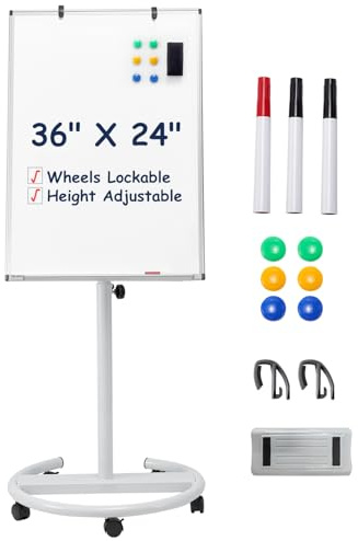 TSJ OFFICE Mobile Whiteboard Standing - 36 X 24 Inches Magnetic Dry Erase Easel, Height Adjustable Rolling White Board on Wheels with Flip Chart Hooks, White