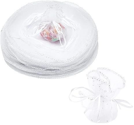 SKYPRO 50 Stück weiße Organza-Beutel mit Kordelzug, Schmuckbeutel für Hochzeit, Party, Weihnachten, Geschenktüten