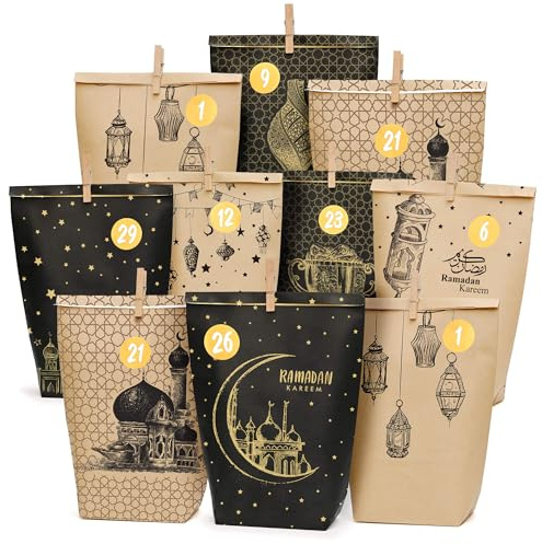 DIY Ramadan Kalender zum Befüllen-Ramadankalender Tüten-Bedruckte Kraftpapiertüten-30 Eid Mubarak deko- Geschenktüten-ramadan dekoration - wiederverwendbar