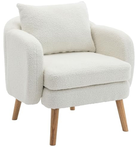 Merax Sessel Teddy-Samt Ohrensessel mit Kissen Loungesessel mit Armlehnen modern Holzbeine Einzelsofa Relaxsessel Polstersessel für Wohnzimmer/Lesezimmer, Weiß