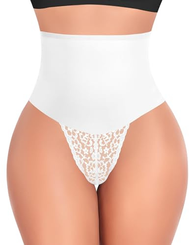 YARRCO String Gainante Ventre Plat Invisible Taille Haute Lace Culotte Dentelle Slip Gainante Amincissante Culottes Sculptantes Femme Tanga Gainante Shapewear Thong (#1 Blanc,XL)