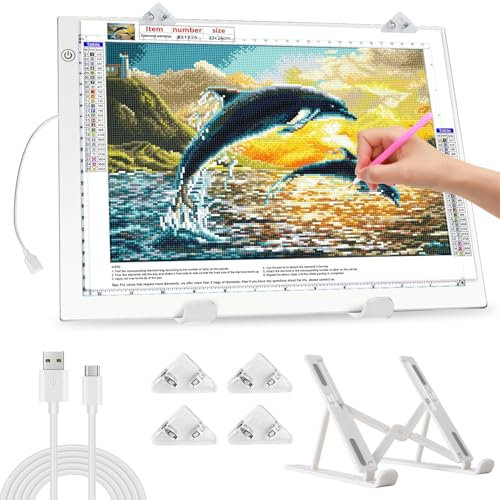 Zocelight Bloc lumineux A4 pour adultes, tableau lumineux ultra fin avec support et clip pour accessoires de peinture diamant, boîte lumineuse à 3 niveaux pour dessin, croquis, animation (blanc)