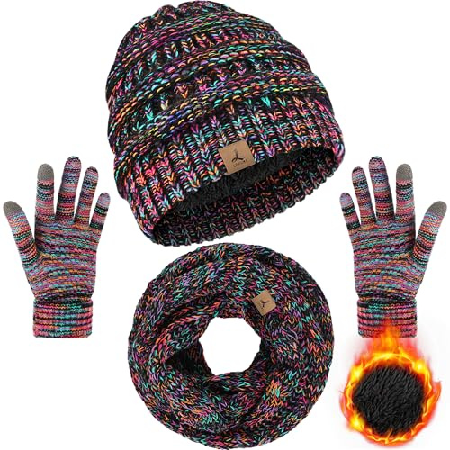 Winter Beanie Hat Scarf Gloves, Warm Fleece Knit Winter Hats Touch Screen Gloves Neck Scarf Set Winter Gifts for Unisex Adult Colorful