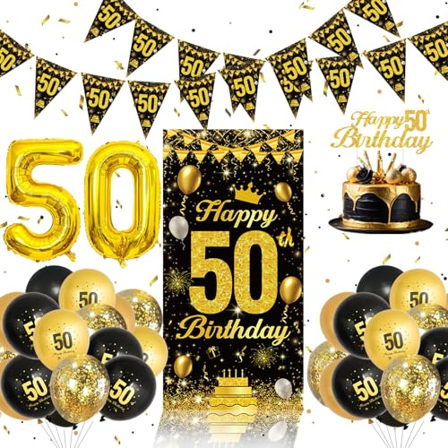 Dekorationer för 50-årsdagen - Ballonger i svart och guld, banderoller för 50-årsdagen, tårtspets för 50-årsdagen, dekorationer för 50-årsdagen för män, kvinnor, festdekorationer och tillbehör