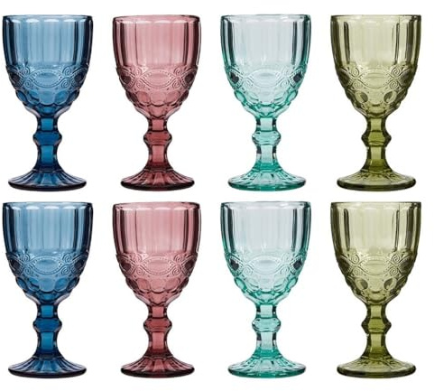 Wine Glasses Set of 8 Embossed Vintage Style Wine Goblet Set (Assorted)