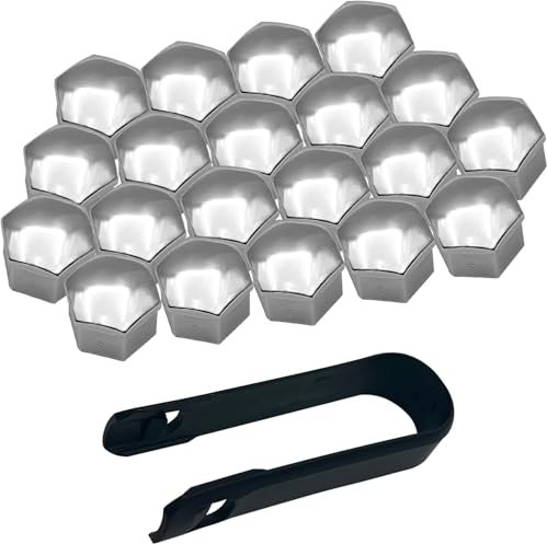 Generico 20 Stück Radmutterkappen, 17 mm Radmutterkappen, Radschraubenkappen für Autoreifen, mit Entfernungswerkzeug, Kappen für Radmuttern, Sechskantkappen für Reifen (Silber)