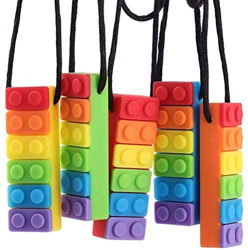 5 Stück Baby-Kau-Halskette, Regenbogen-Ziegel-Kau-Halskette, Baby-Silikon-Sensor-Kau-Halskette, Bündel Kinder, Autismus, Sensorisches Kauspielzeug, Kinder-Kauspielzeug (Wie