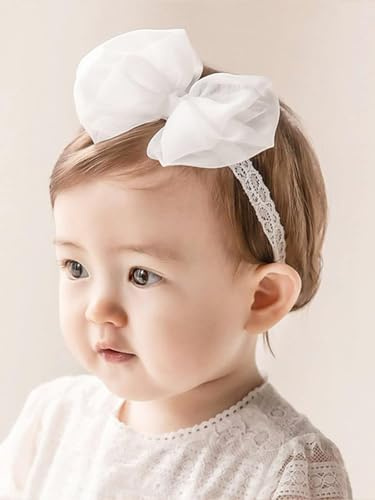 Baby Mädchen Stirnbänder Weiß Dehnbare Stirnband Doppelspitze Spitzebowknot-Haarband Weich Baby Hairband Neugeboren Haarschmuck Babygeschenke für Neugeborene（Weiße Schleife）