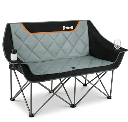 EMERIT Oversized Fully Padded Camping Chair, Heavy Duty 650LB Folding Camping Loveseat, Quad Fold Double Camping Couch with Cup Holders & Carry Bag for Outdoor, Lawn, Sports Events Black
