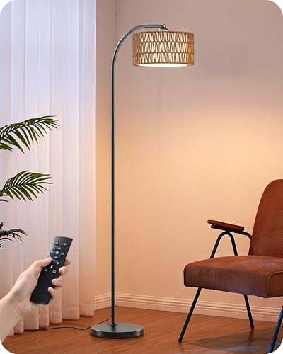EDISHINE Stehlampe Wohnzimmer Dimmbar, Bogenlampe mit magnetischer Fernbedienung und Fußschalter, Vintage Stehleuchte mit seilgewebtem Lampenschirm, Drehbarer Lampenkopf, inkl. 9W LED-Birne, Schwarz