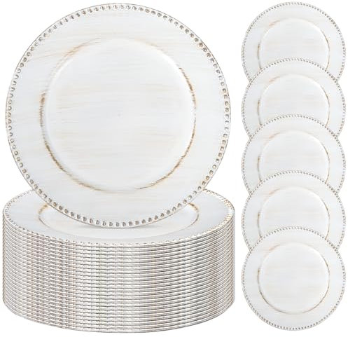 24 Pcs Vintage White Charger Plates Bulk, 13 Round Beaded Plate Chargers, Decorative Dinner Chargers Plastic Table Chargers for Wedding Holiday Party Baby Shower Event Decoration (Vintage White)