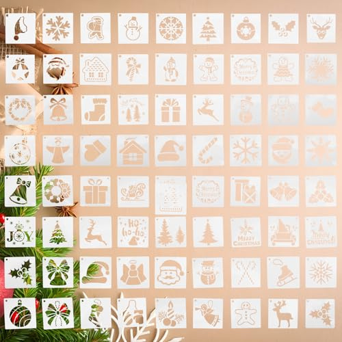 HO2NLE 72 Stück Weihnachten Schablonen Kleine Weihnachtsschablonen 10x10cm Kunststoff Malschablonen Schablonen Weihnachten Fenster DIY Weihnachtsmuster für Wand Fotoalbum Karten Scrapbooking