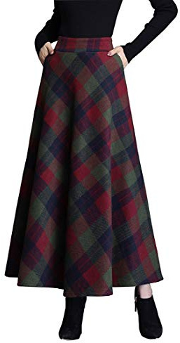 Rock Damen Lang Elegant Kariert Winterrock Wollrock Hohe Taille Maxirock A-Linie röcke Herbst Faltenrock Grün 3XL