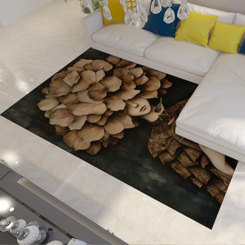 UERWOWELL Abstrakte Frau Druck Rustikaler Teppich Blatt Puzzle Kunst Teppich rutschfeste Maschinenwaschbare Teppiche für Wäsche Esszimmer Eingangsbereich Küche 140x220cm