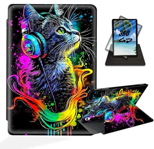 ETLKJVBL for iPad 10th Generation Case, 360 Degree Rotating Stand Cover Multi Angle Viewing, Auto Sleep/Wake, Cat Wearing Colorful Headphones Leather Case for iPad (A16) 11th Generation 11 Inch 2025