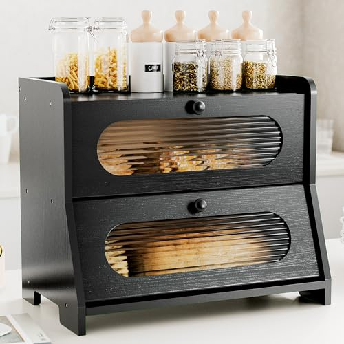 Stylstoreazy Bread Box,Extra Large 2-Tier Bamboo Bread Box for Kitchen Countertop,Bread Storage Container with Magnetic Acrylic Door for Homemade Bread,Under Cabinet,Pantry Organizer(Black)