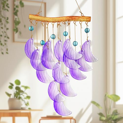 H&D HYALINE & DORA Carillon éolien en verre à suspendre de 48,3 cm pour l'extérieur en verre, carillon à vent en forme de lune pour jardin, décoration de porche, cadeau pour femme, maman, grand-mère
