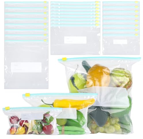 HweeWanX Lot de 90 sacs de congélation réutilisables à fermeture éclair pour légumes, viande, pain, lait, collations - 40 petits, 30 moyens et 20 grands