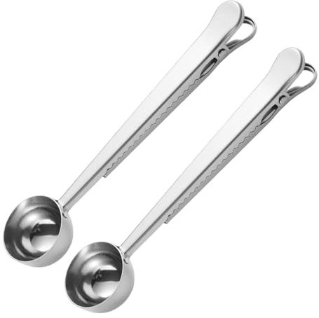 2PCS Coffee Scoop Bag Clip Coffee Scoop Measuring Stainless Steel Sealing Clip Long Handle Sealing Clip Tea Kitchen Tools Suitable for Ground Coffee, Coffee Beans, Milk Powder - Steel Color