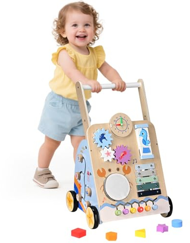 BugyKido Lauflernwagen Holz 8 In 1 Verwendung für Kinder Ab 3–9 Monaten, Multifunktion Lauflernhilfe Baby mit & Rädern & Bauklötzen für Die Früherziehung Geschenk Geeignet