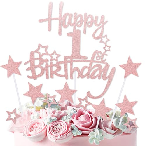 mciskin Rose Gold Happy 1st Birthday Cake Toppers,1st Birthday Decorations for Girls,Personalised Cake Topper Rose Gold Glitter Star Cupcake Toppers for Girls Women Party Decorations Supplies