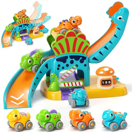 Dinosauri per bambini 1 2 3 anni - Giocattolo educativo con scivolo e parcheggio - Sviluppo Motoricità e creatività - Regalo per ragazzi e ragazze 1-3 anni