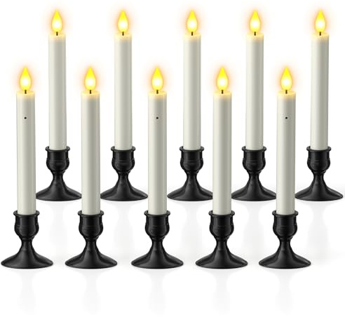 SoulBay Candele a LED senza fiamma a batteria, con sensore dal tramonto all'alba, 10 pezzi, candele natalizie per finestre con supporti neri, per casa, stanza, tavolo, matrimoni, Halloween