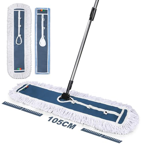 OZD Floor Mop, 105cm Wide Industrial Mop with Reusable Microfibre & Cotton Pads, Adjustable Stainless Steel Handle, 360° Rotatable Flat Mops for Offices, Hotels, Garages, Hospital, Blue