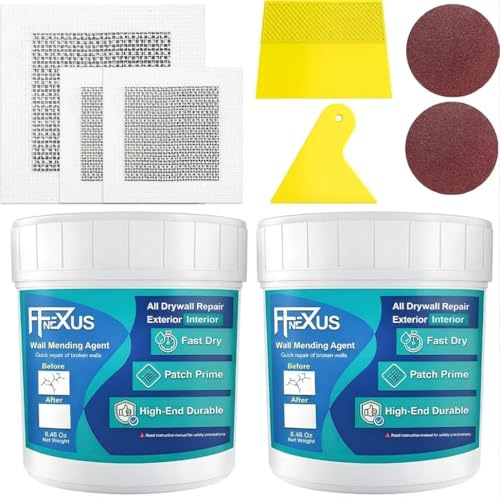 Drywall Repair Kit – 2×8.47 oz Putty Jars with 2×2″ & 4×4″ Wall Patch Mesh, Small & Large Scrapers & 2 Sandpapers | Quick-Dry Spackle & Sheetrock Crack Filler for Wall, Ceiling & Plaster Repair