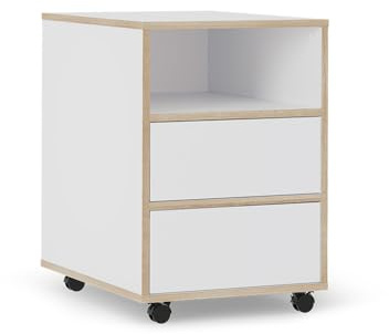 Vicco Rollcontainer Tetrix, Weiß, 42 x 55 cm | mit Regalen und 2 Schubladen, auf Rollen für flexible Nutzung im Büro oder Homeoffice