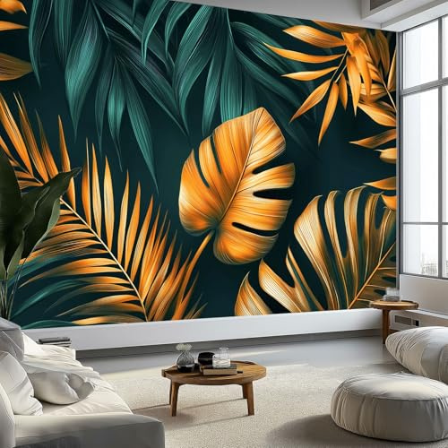 Plantas Hojas De Palma Dorada Papeles Pintados de Pared 450 x 315 cm Fotomurales, Verde Oscuro Tejido No Tejido Papel Tapiz Fotográfico - Salón Dormitorio Oficina Hotel Decorativos Murales