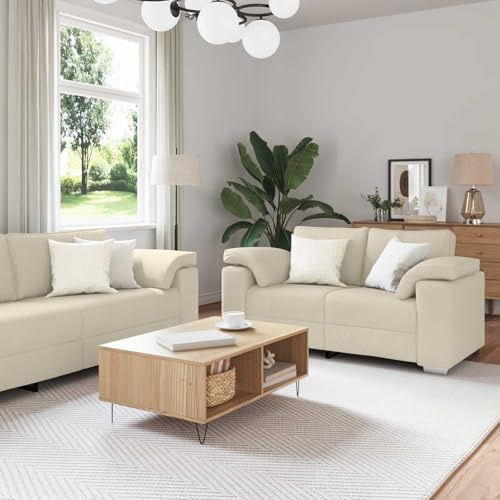 GeenYuu Cremefarbenes Leinenmischgewebe Sofa-Set 3-teilig, modernes Wohnzimmer Couchgarnitur mit Sessel, 2-Sitzer und 3-Sitzer, robuste Metall- und Sperrholzrahmen, ideal für Innenbereiche