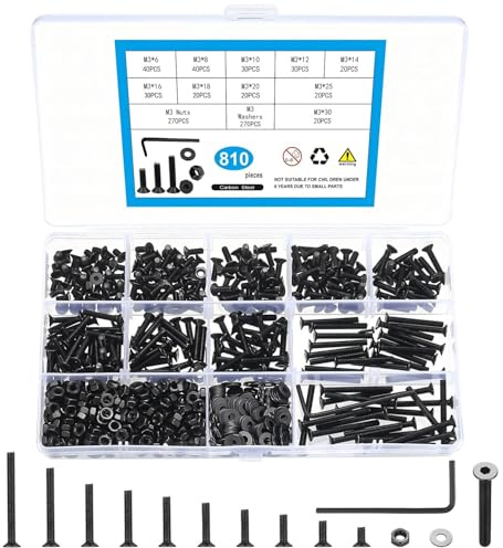 810 Pcs M3 Metric Screw Assortment, Flat Head Machine Screw Assortment Kit, Countersunk Hex Socket Cap Screws Set with Washers, Countersunk Bolts and Nuts Set with Wrench(Black)