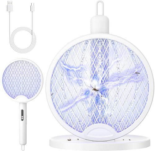 YISSVIC Foldable Electric Fly Swatter Mosquito Zapper Racket, Auto & Manual Mode, USB-C Rechargeable with Charging Base & Insect Collection Tray, for Indoor Outdoor Camping Travel