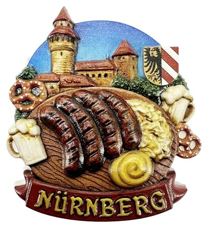 Kühlschrankmagnet Souvenir 3D Stadtmotiv mit Spezialitäten, Wahrzeichen & Sehenswürdigkeiten – Reiseandenken, Mitbringsel & Geschenkidee aus Deutschland – Nürnberg