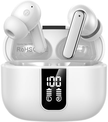 Wireless Earbuds, Bluetooth 5.3 Headphones in Ear buds, HiFi Stereo Wireless Earphones with 4 ENC Noise Cancelling Mics, 48H Wireless Headphones with IP17 Waterproof, LED Display USB C, White-K1