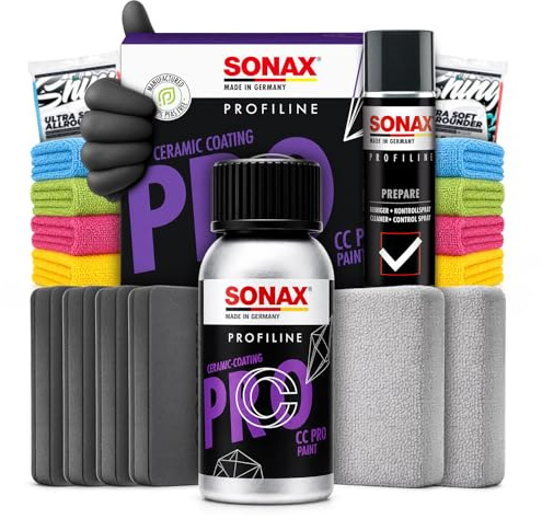 Keramikversiegelung Set: SONAX PROFILINE CeramicCoating CC PRO 50ml + Prepare 400ml + Zubehör - Langzeitschutz bis zu 4 Jahre Lackversiegelung für intensivere Farben und maximale Oberflächenglätte