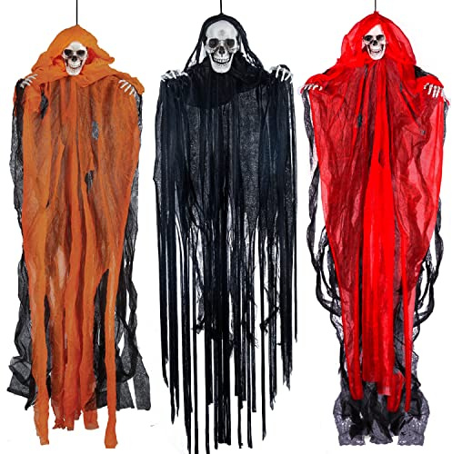 JOYIN 3 Stück Halloween hängende Sensenmänner, 90 cm + 70,1 x 2 cm, hängende Skelett Geister für Beste Halloween Innen- und Außendekorationen, Spukhaus Deko