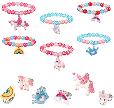 Heyu-Lotus 12 Stück Kinder Einhorn Armband Ring Set, Mädchen Schmuck Perlen Armband mit bunten verstellbaren Ringen, Freundschaftsschmuck für Geburtstagsfeier Gefälligkeiten
