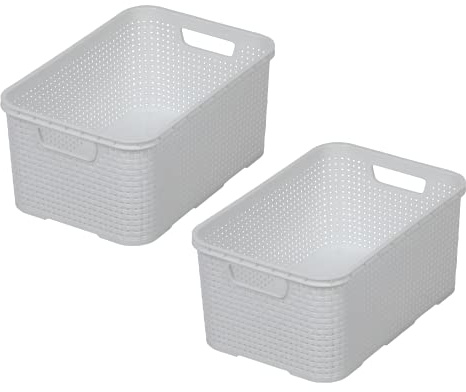 BranQ - Home essential Korb in Rattan Design 2er Set Grösse L 19 l,Kunststoff PP, Weiß, 38x27,8x18,5 cm, 2 Stk.