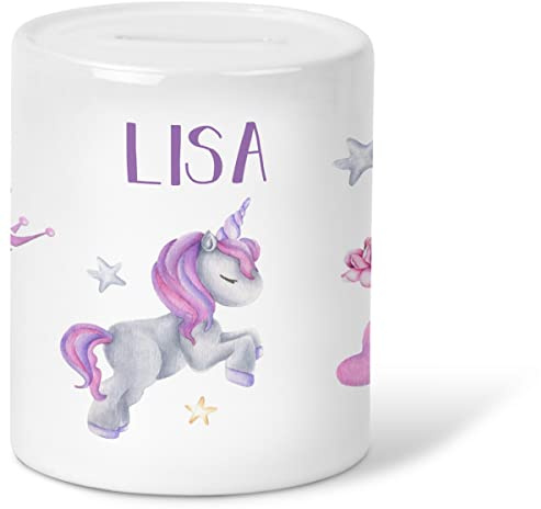 GRAVURZEILE Spardose für Kinder - Einhorn Design - mit Namen personalisiert - Geschenk für Jungen & Mädchen zum Geburtstag Kommunion Geburt Einschulung Weihnachten - Geschenk für Kinder zum sparen