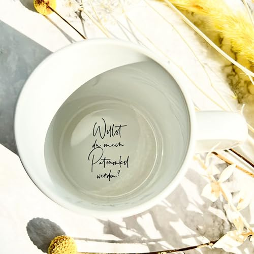 Tasse mit Frage „Willst du mein Patenonkel werden?“, 300 ml weiß | Geschenk Becher für Männer, Taufe Kommunion | Keramiktasse One Piece für Tee, Kaffee