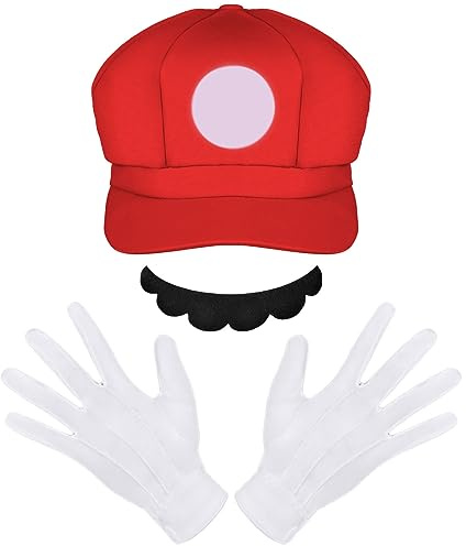 Aomig Cosplay Kostüm Zubehör Bros Spiele Accessories mit Mütze Hut Bart | Handschuhe Super-Brüder Filme Kostüm Set Männer Damen Erwachsene Outfit Kostüm für Weihnachten Karneval Halloween Mottoparty
